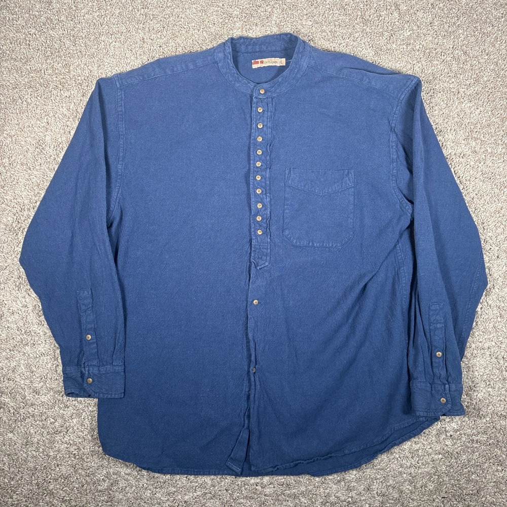 Civilian Mens Blue Cotton Flax Blend Mandarin Collar Grandad Shirt XL Indigo